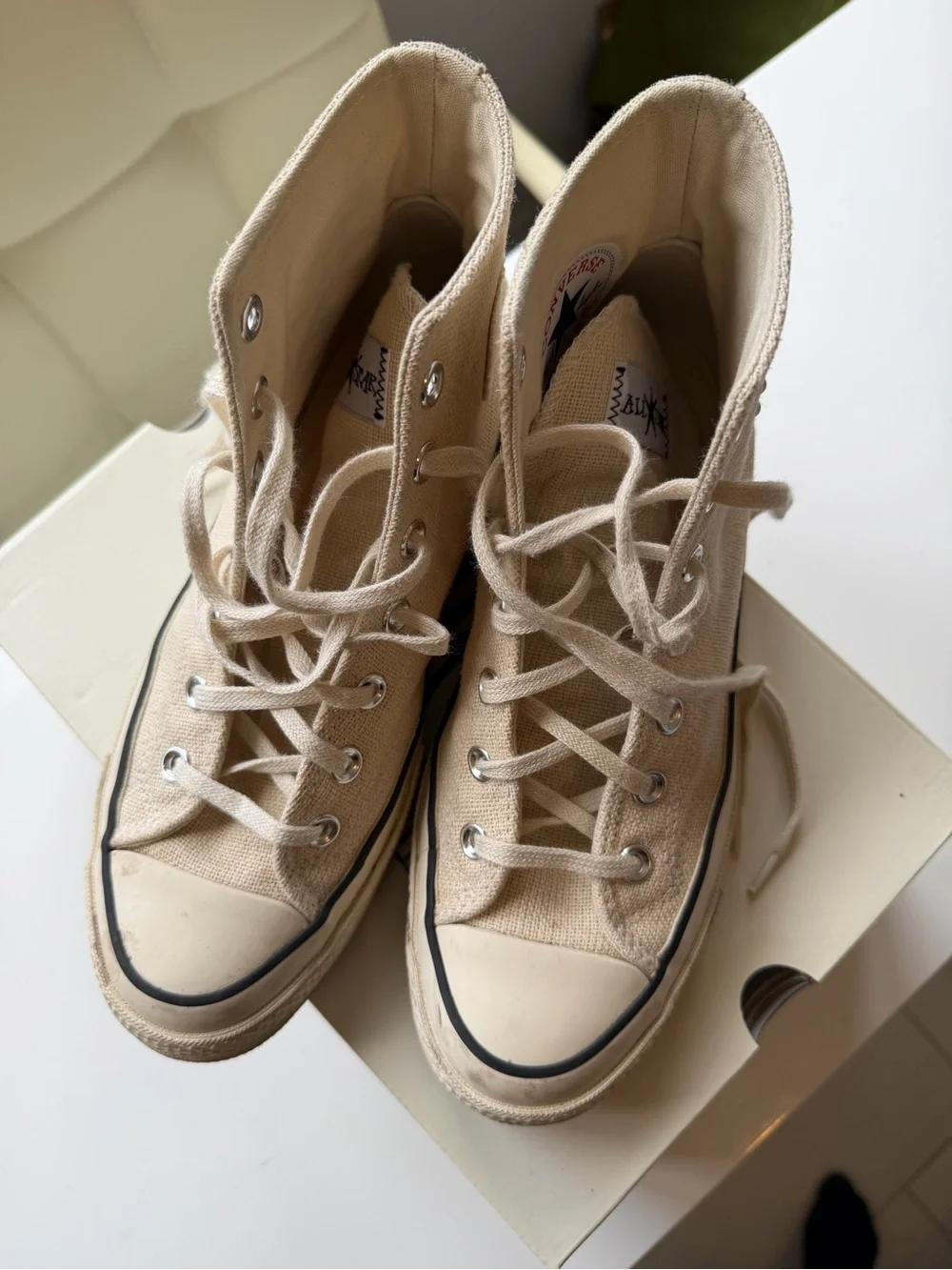Converse High Top Sneakers in Cream with Black Trim and Rhinestone Star